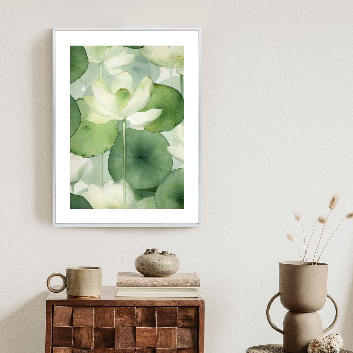 Poster White Lotus Flower And Green Leaves Watercolor