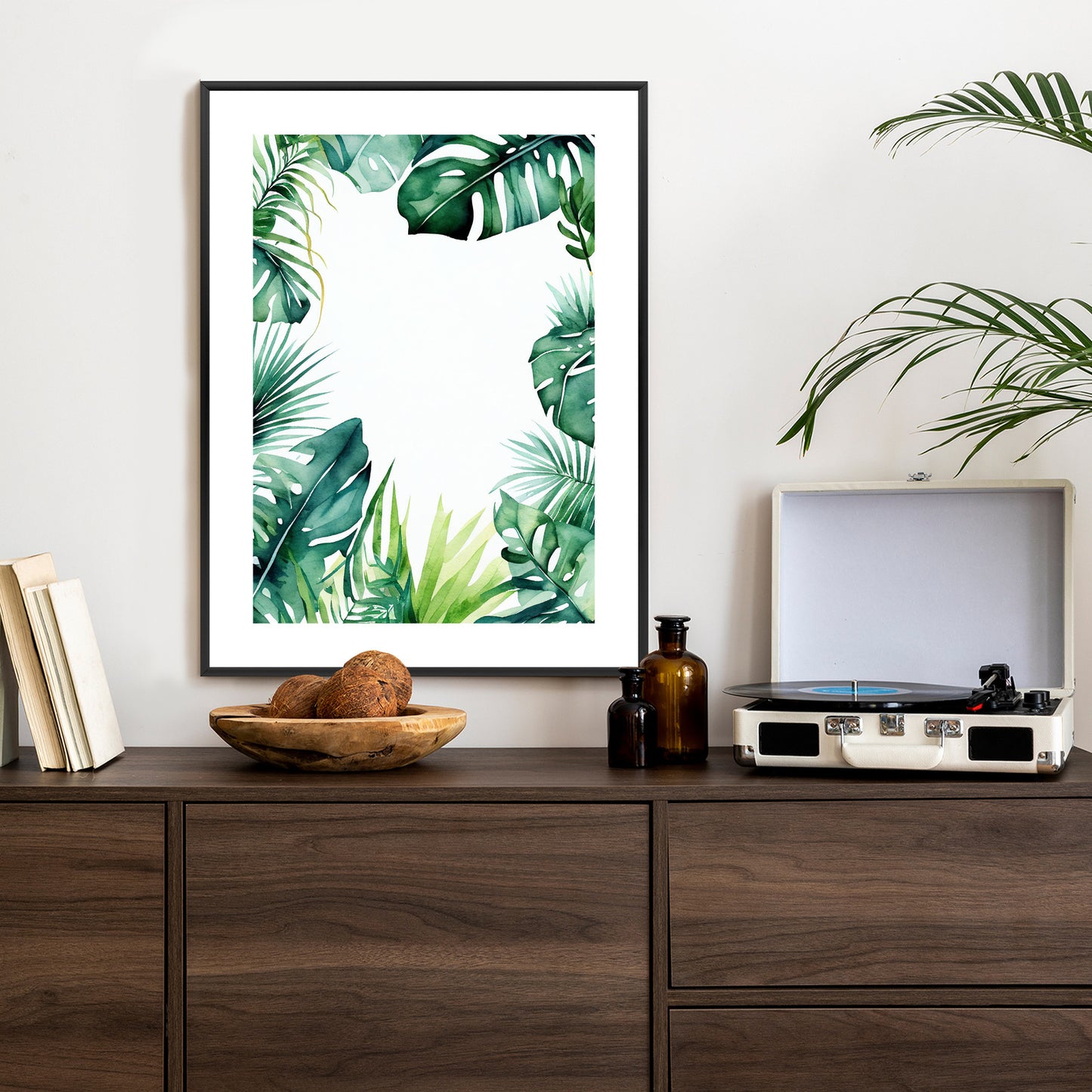 Poster Green Leaves Painted With Watercolor On A White Background
