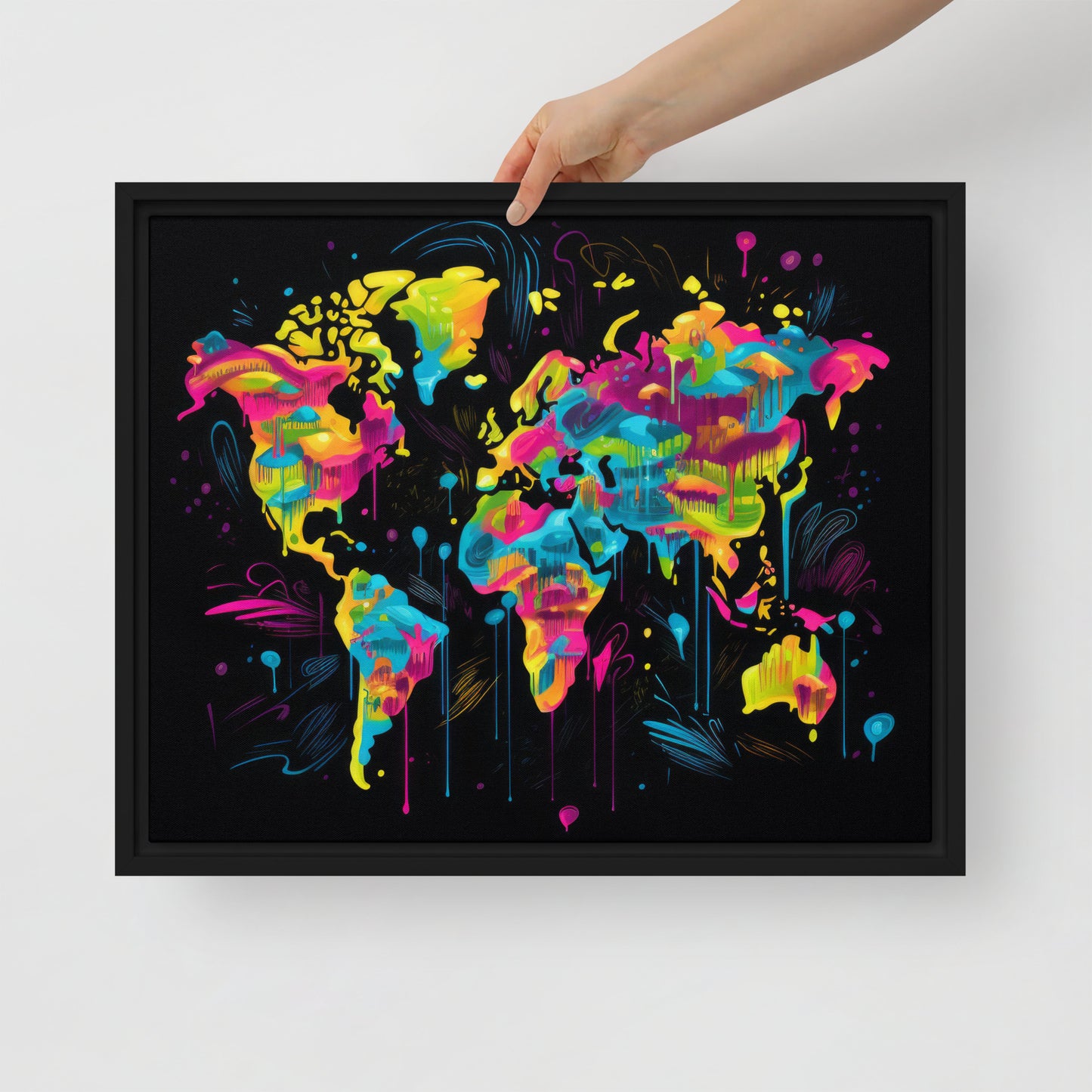 Framed canvas Neon Graffiti World Map Digital Art