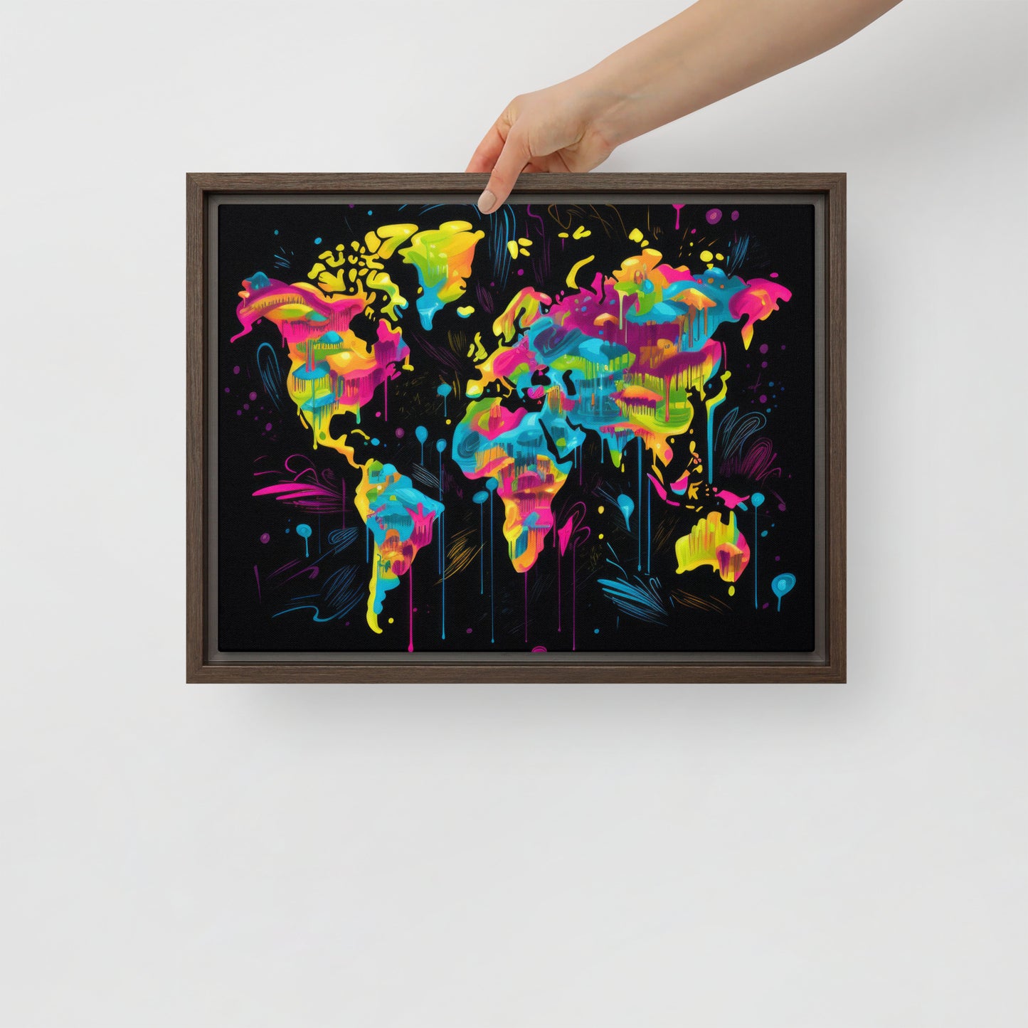 Framed canvas Neon Graffiti World Map Digital Art