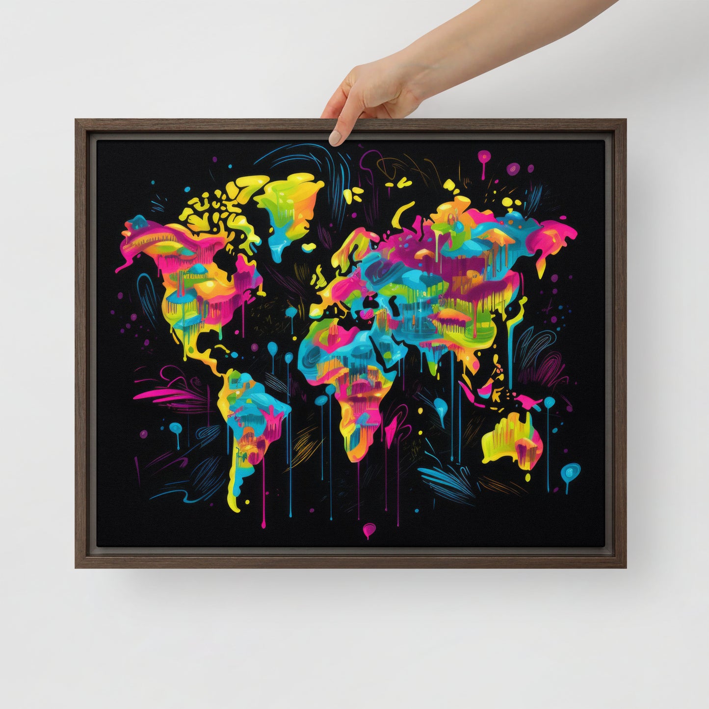 Framed canvas Neon Graffiti World Map Digital Art
