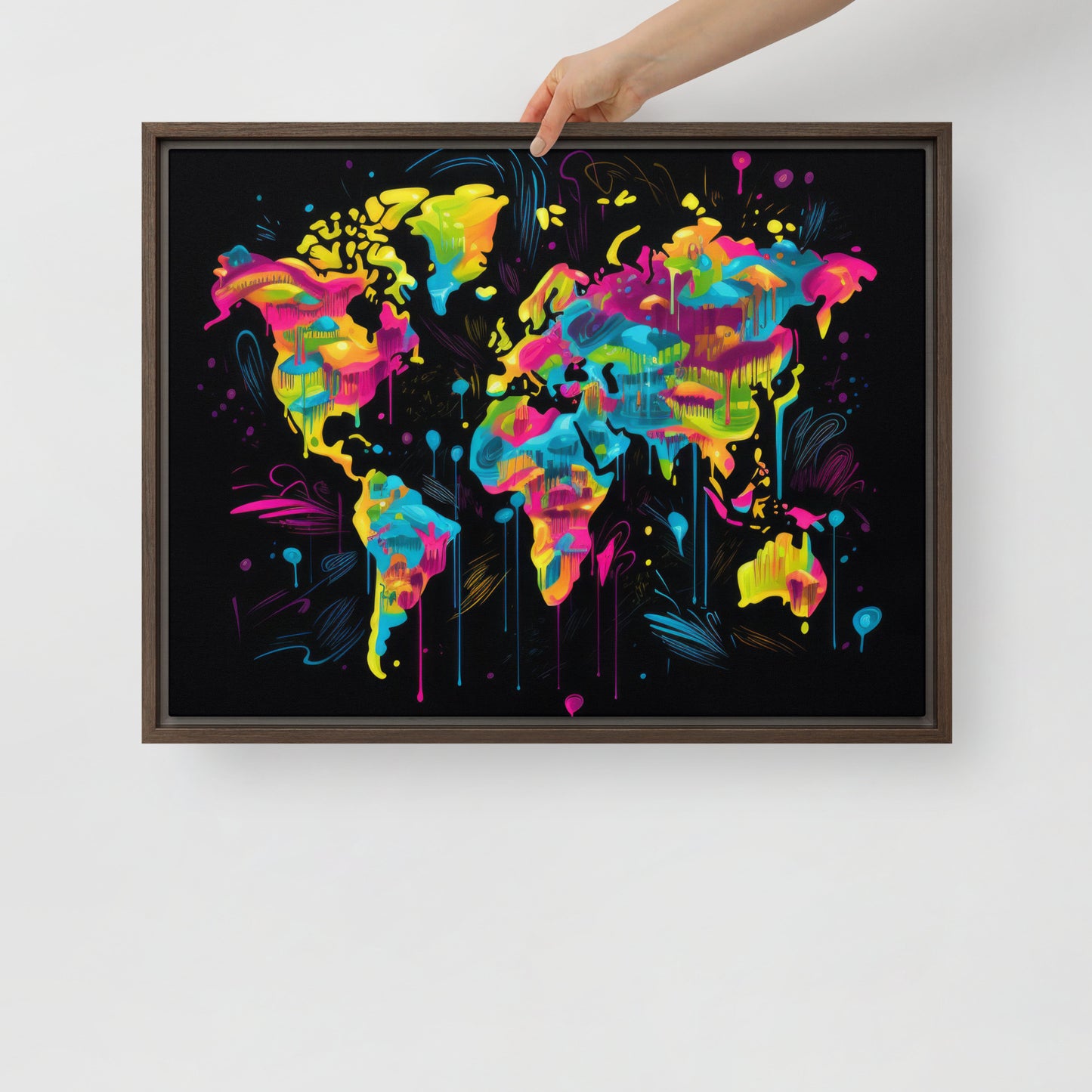 Framed canvas Neon Graffiti World Map Digital Art