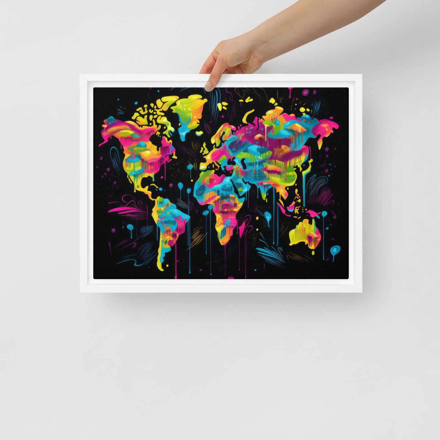 Framed canvas Neon Graffiti World Map Digital Art