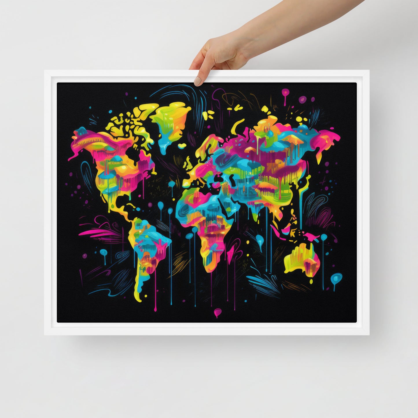 Framed canvas Neon Graffiti World Map Digital Art