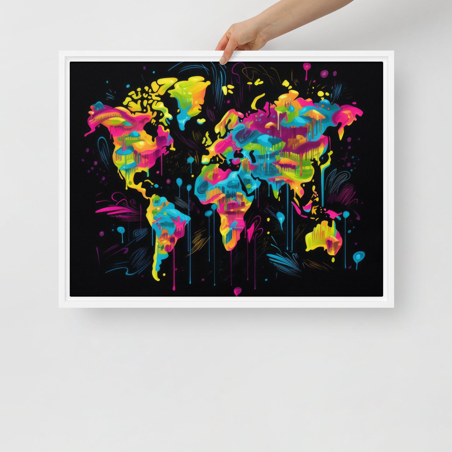 Framed canvas Neon Graffiti World Map Digital Art