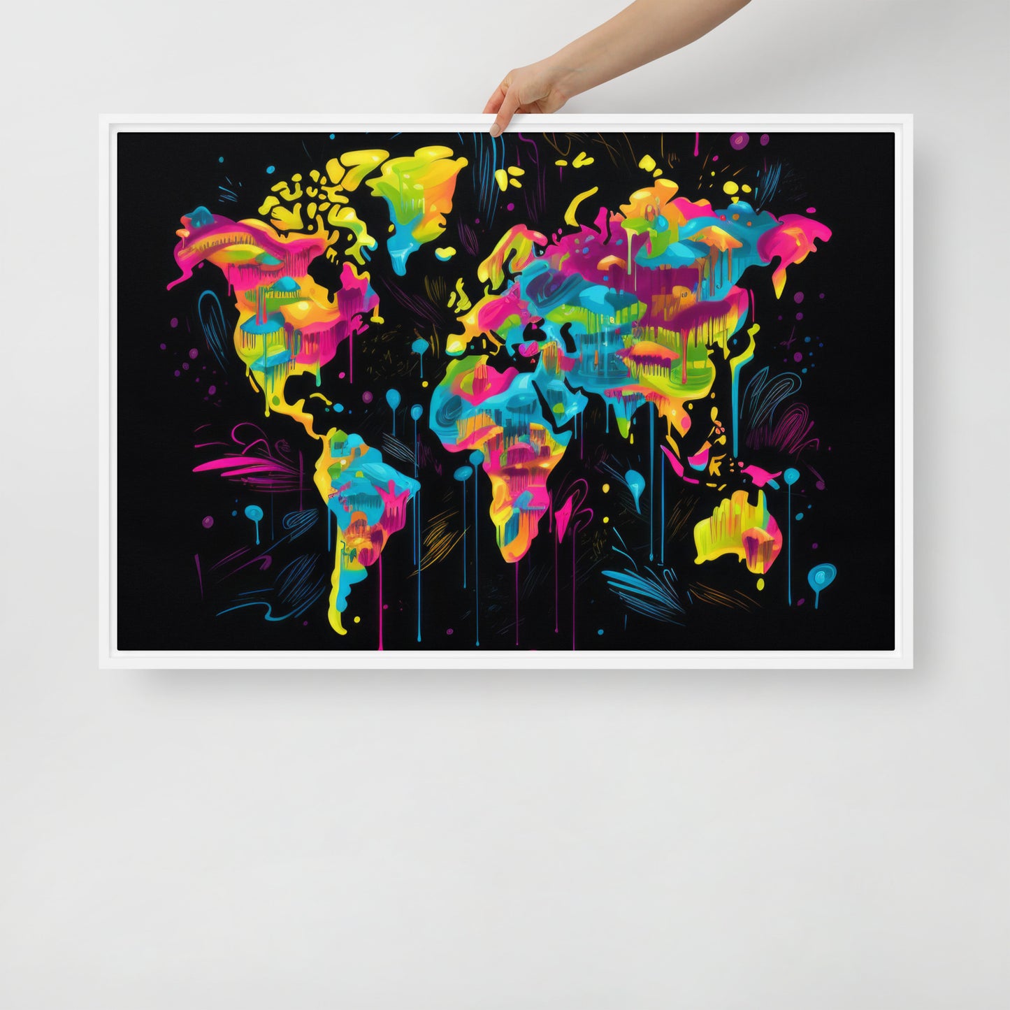 Framed canvas Neon Graffiti World Map Digital Art