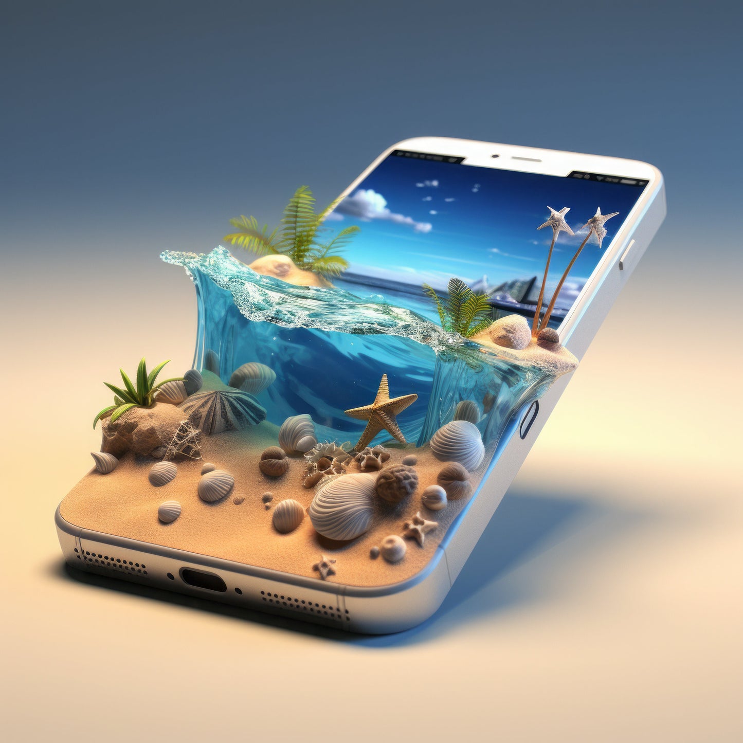 3D Effects on Mobile Phone with Tropical Beach, 24 High-Quality PNG's 6144x6144 px, design projects, social media posts, wallpapers
