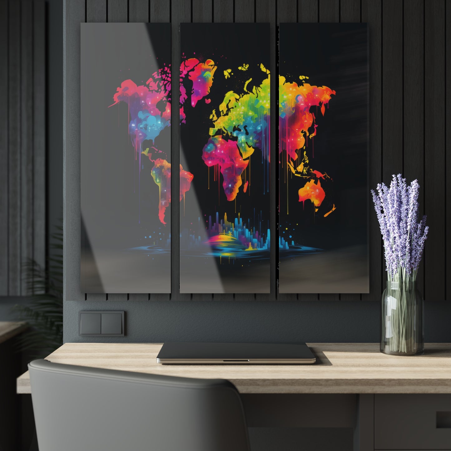 Acrylic Prints (Triptych) | Neon Graffiti World Map