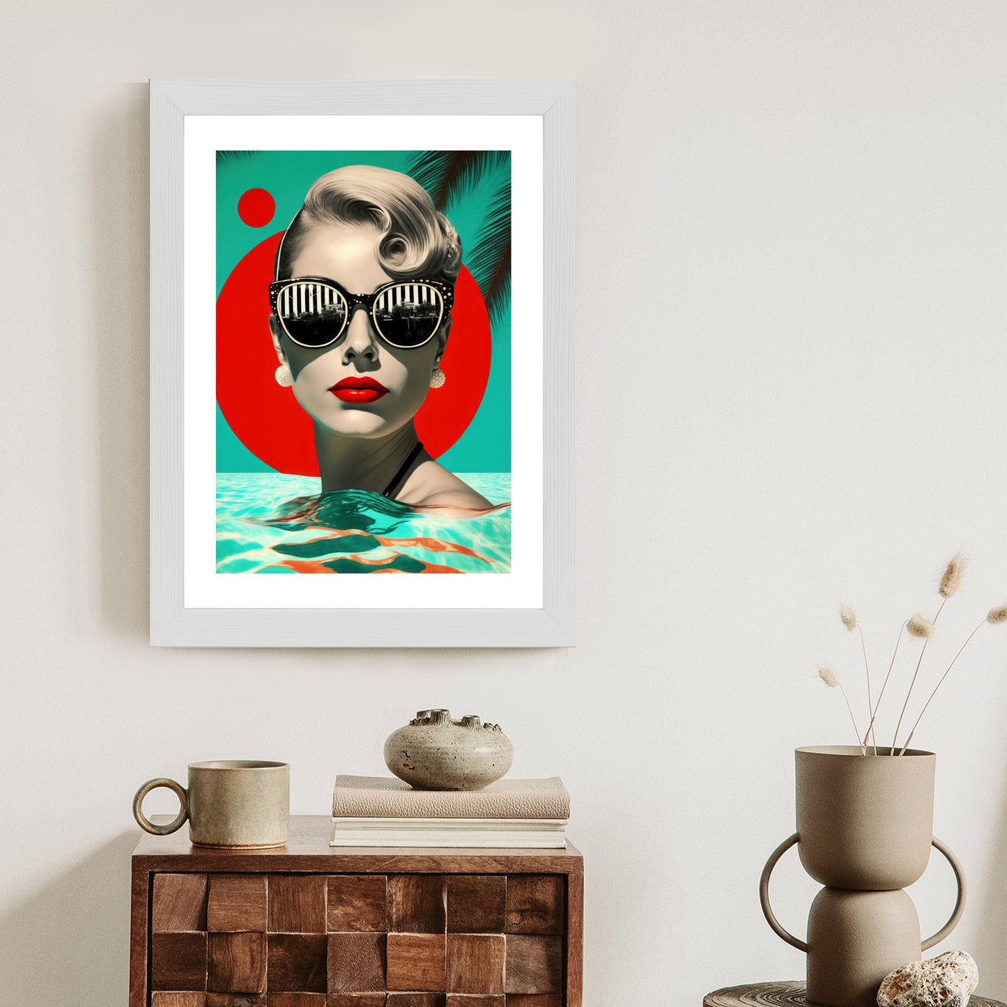 Poster Summer Vibes - Woman With Red Lips Wearing Trendy Sunglasses.