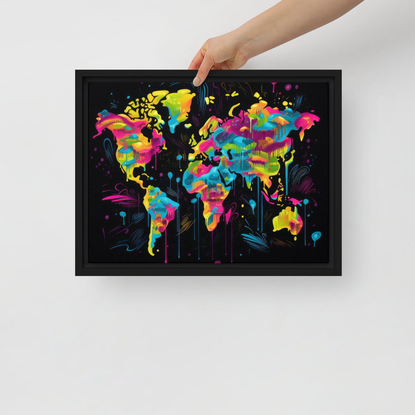 Framed canvas Neon Graffiti World Map Digital Art