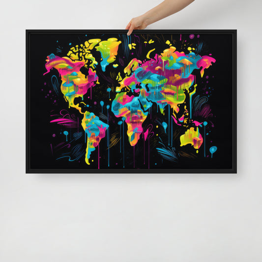 Framed canvas Neon Graffiti World Map Digital Art